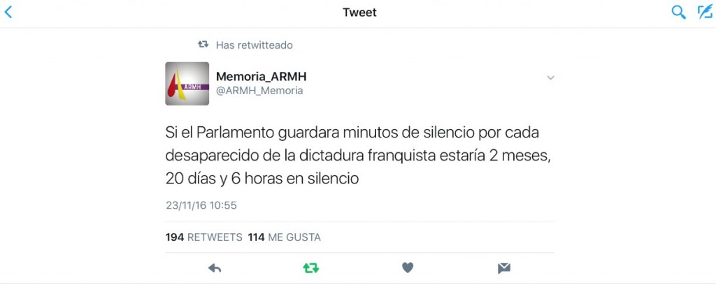 El tweet de la asociación para la recuperación de la Memoria Histórica que me ha ayudado a preparer esta intervención. Muchas gracias-.